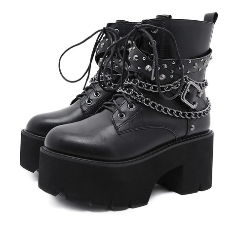 New Sexy Black Ankle ,High Heel , Lace Up Night Club Short Boots With Chain CODE: KAR1342