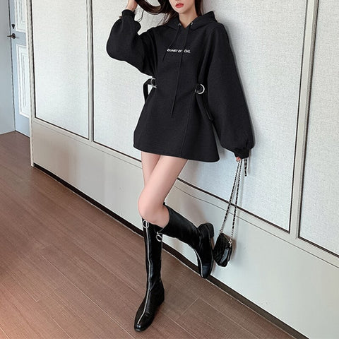 New Casual, with Letter Embroidery, Lantern Sleeve, Belt, Straight, Loose, Long, Hoodie CODE: KAR1347