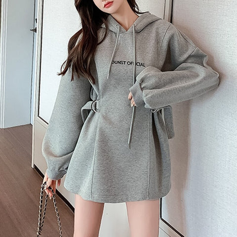 New Casual, with Letter Embroidery, Lantern Sleeve, Belt, Straight, Loose, Long, Hoodie CODE: KAR1347