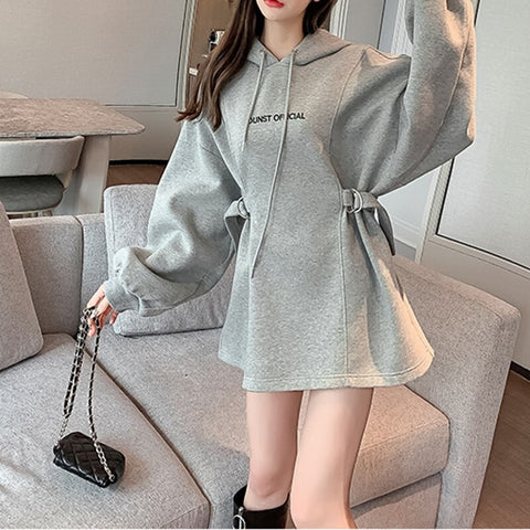New Casual, with Letter Embroidery, Lantern Sleeve, Belt, Straight, Loose, Long, Hoodie CODE: KAR1347