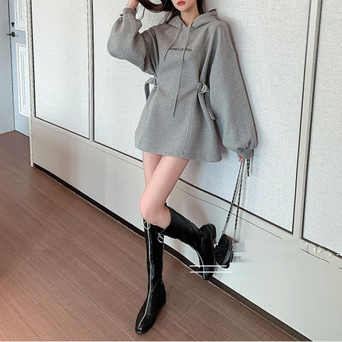 New Casual, with Letter Embroidery, Lantern Sleeve, Belt, Straight, Loose, Long, Hoodie CODE: KAR1347