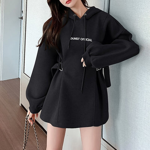 New Casual, with Letter Embroidery, Lantern Sleeve, Belt, Straight, Loose, Long, Hoodie CODE: KAR1347