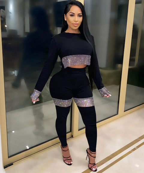 Sexy Sequin Long Sleeve, Round Neck, Crop Top and Pants, Two Piece Set CODE: KAR1352