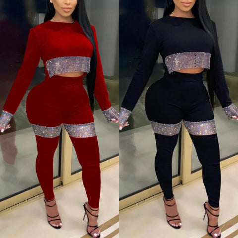 Sexy Sequin Long Sleeve, Round Neck, Crop Top and Pants, Two Piece Set CODE: KAR1352