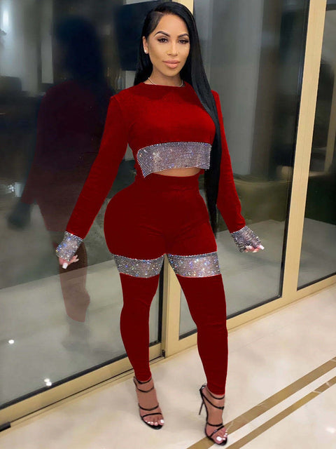 Sexy Sequin Long Sleeve, Round Neck, Crop Top and Pants, Two Piece Set CODE: KAR1352