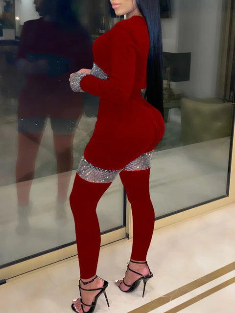 Sexy Sequin Long Sleeve, Round Neck, Crop Top and Pants, Two Piece Set CODE: KAR1352
