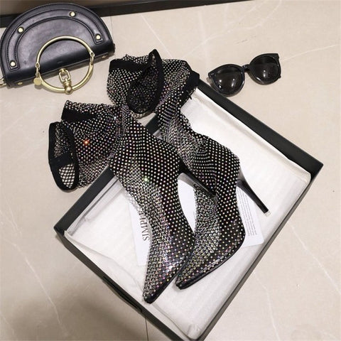 Crystal Rhinestone Above Knee ,Thigh High Heel, Mesh Long Boot CODE: KAR1353