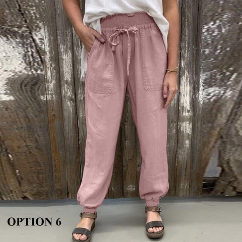 Summer Solid Color, High Waist, Elastic, Casual, Beach, Long, Pants with Pockets CODE: KAR1364