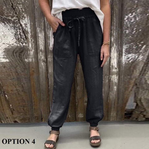 Summer Solid Color, High Waist, Elastic, Casual, Beach, Long, Pants with Pockets CODE: KAR1364