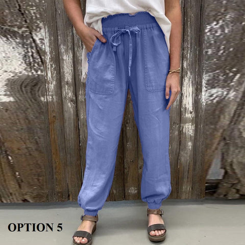 Summer Solid Color, High Waist, Elastic, Casual, Beach, Long, Pants with Pockets CODE: KAR1364