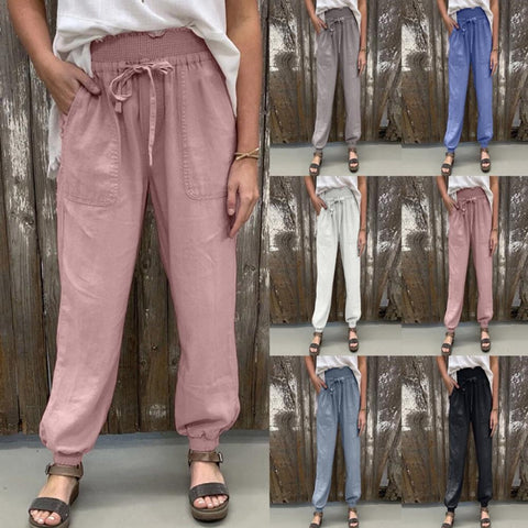 Summer Solid Color, High Waist, Elastic, Casual, Beach, Long, Pants with Pockets CODE: KAR1364