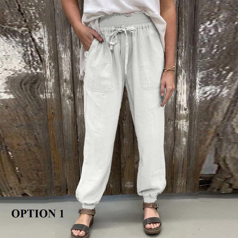 Summer Solid Color, High Waist, Elastic, Casual, Beach, Long, Pants with Pockets CODE: KAR1364