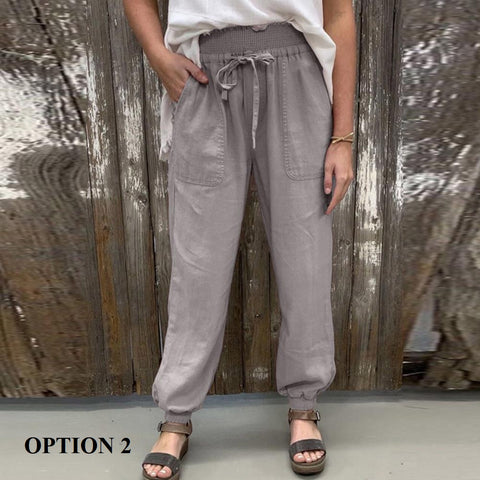 Summer Solid Color, High Waist, Elastic, Casual, Beach, Long, Pants with Pockets CODE: KAR1364