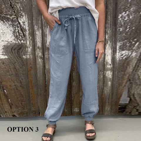 Summer Solid Color, High Waist, Elastic, Casual, Beach, Long, Pants with Pockets CODE: KAR1364