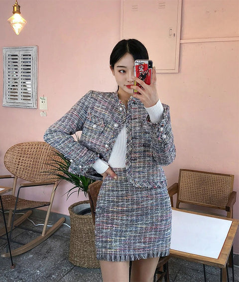 Sexy Lattice Skirt, Short Tweed, Beaded Button, Slim Clothes, Coats, Plus Size, Two Piece Set CODE: KAR1366