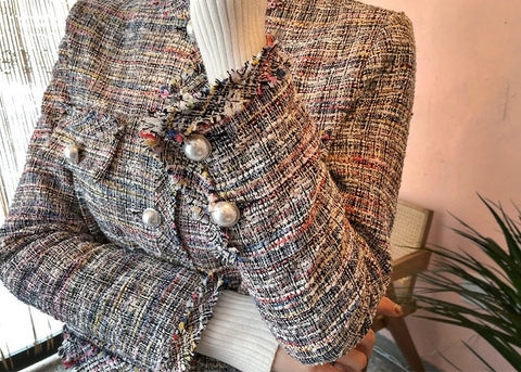 Sexy Lattice Skirt, Short Tweed, Beaded Button, Slim Clothes, Coats, Plus Size, Two Piece Set CODE: KAR1366