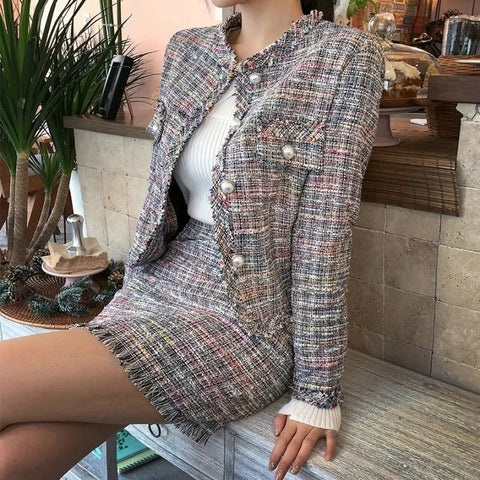 Sexy Lattice Skirt, Short Tweed, Beaded Button, Slim Clothes, Coats, Plus Size, Two Piece Set CODE: KAR1366
