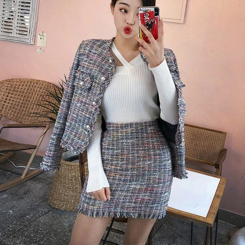 Sexy Lattice Skirt, Short Tweed, Beaded Button, Slim Clothes, Coats, Plus Size, Two Piece Set CODE: KAR1366