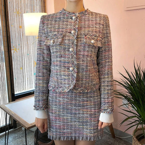 Sexy Lattice Skirt, Short Tweed, Beaded Button, Slim Clothes, Coats, Plus Size, Two Piece Set CODE: KAR1366