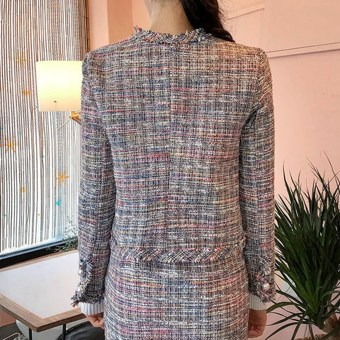 Sexy Lattice Skirt, Short Tweed, Beaded Button, Slim Clothes, Coats, Plus Size, Two Piece Set CODE: KAR1366