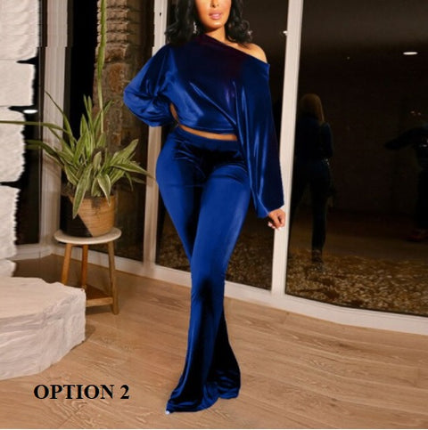 New long sleeves, slanted collar, crop top and flare pant two-piece set CODE: KAR1367