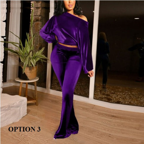 New long sleeves, slanted collar, crop top and flare pant two-piece set CODE: KAR1367