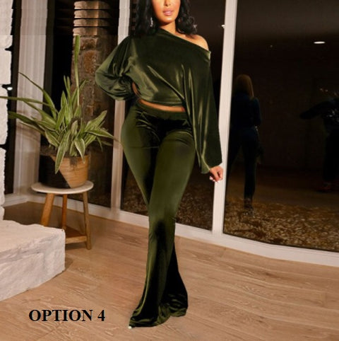 New long sleeves, slanted collar, crop top and flare pant two-piece set CODE: KAR1367