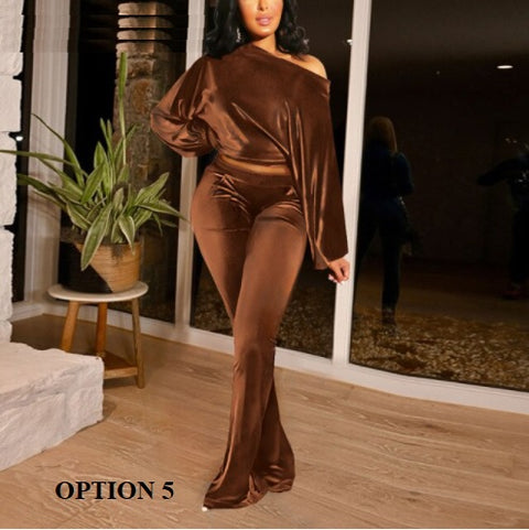 New long sleeves, slanted collar, crop top and flare pant two-piece set CODE: KAR1367
