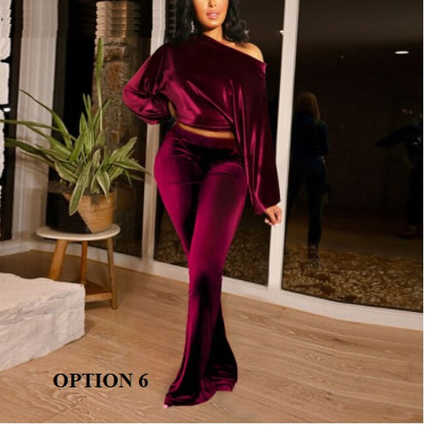 New long sleeves, slanted collar, crop top and flare pant two-piece set CODE: KAR1367
