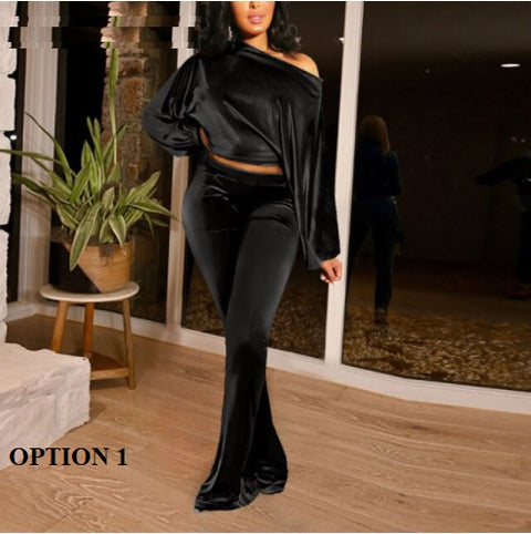 New long sleeves, slanted collar, crop top and flare pant two-piece set CODE: KAR1367