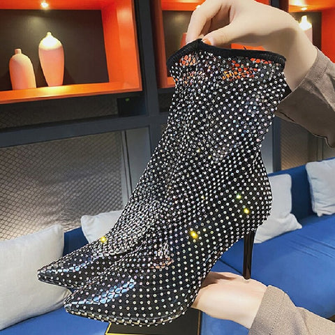 High Heel Crystal Rhinestone Mesh Ankle Boot CODE: KAR1368