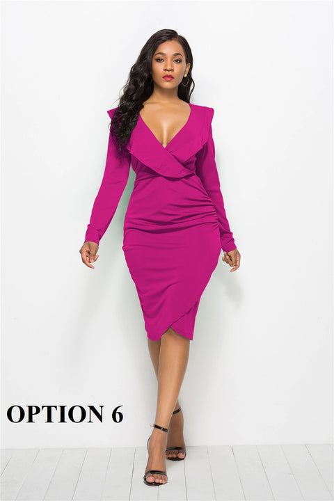 Sexy Office Casual  Long Sleeve High Waist Bodycon Midi Dress CODE: KAR1369