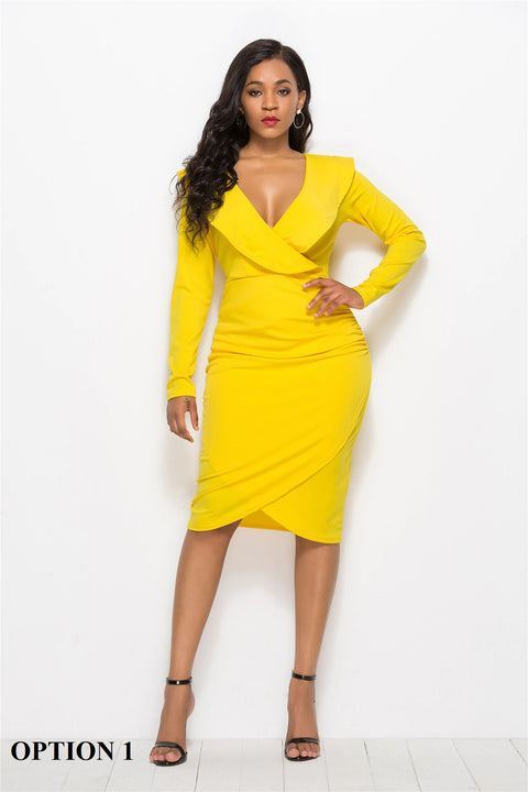 Sexy Office Casual  Long Sleeve High Waist Bodycon Midi Dress CODE: KAR1369