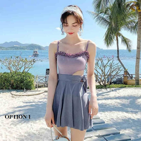 New Bow Tie Tubular Top Sling Pleated High Waist Rope Openwork Swimsuit CODE: KAR1372