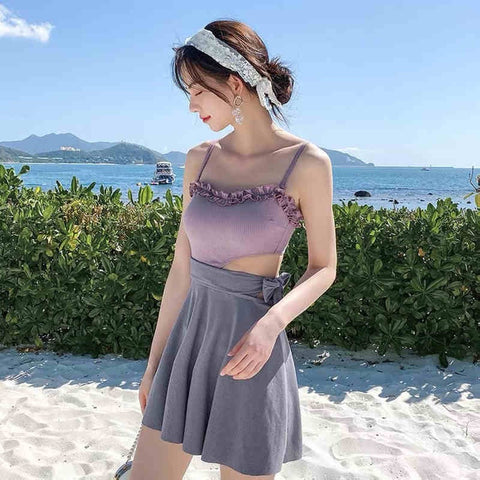 New Bow Tie Tubular Top Sling Pleated High Waist Rope Openwork Swimsuit CODE: KAR1372
