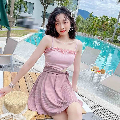 New Bow Tie Tubular Top Sling Pleated High Waist Rope Openwork Swimsuit CODE: KAR1372