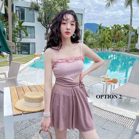 New Bow Tie Tubular Top Sling Pleated High Waist Rope Openwork Swimsuit CODE: KAR1372