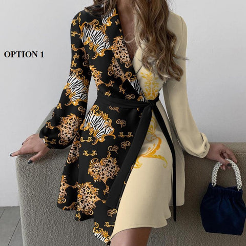 New Floral Print Patchwork Long Sleeve Turn Down Collar Elegant Party Dress CODE: KAR1377