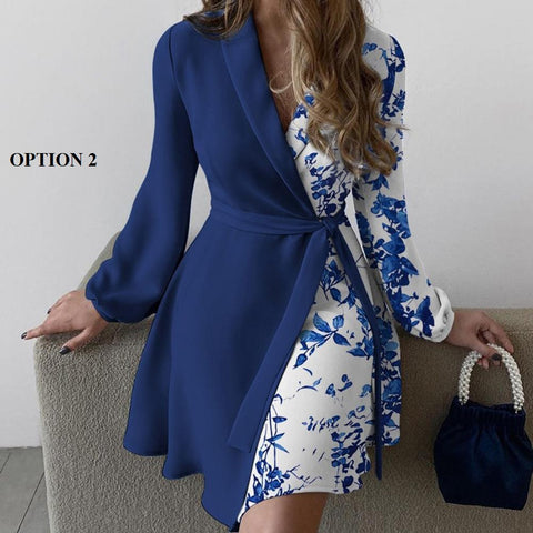 New Floral Print Patchwork Long Sleeve Turn Down Collar Elegant Party Dress CODE: KAR1377