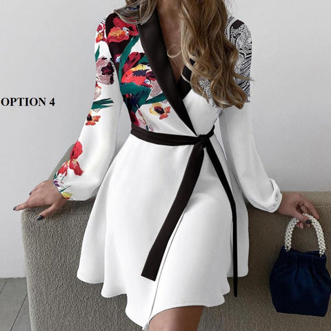 New Floral Print Patchwork Long Sleeve Turn Down Collar Elegant Party Dress CODE: KAR1377