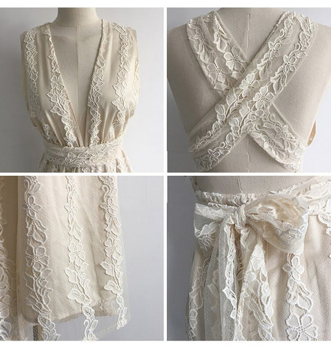 Deep V Neck, Cross Backless, Sleeveless, Wide Leg Pants, Beige Lace Long Jumpsuit CODE: KAR1379
