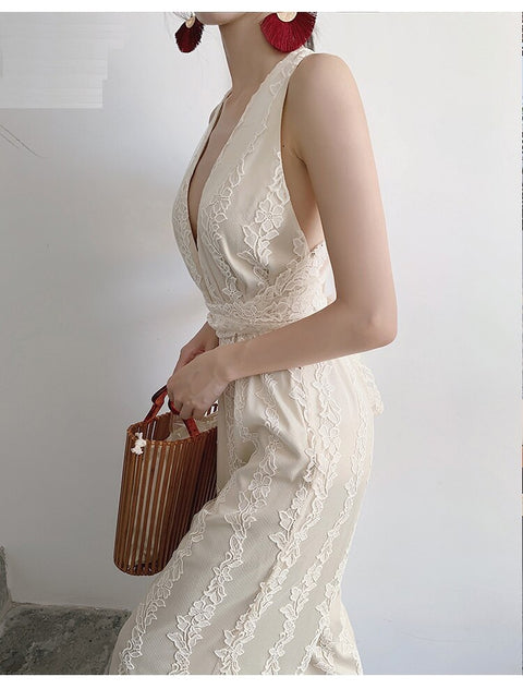 Deep V Neck, Cross Backless, Sleeveless, Wide Leg Pants, Beige Lace Long Jumpsuit CODE: KAR1379