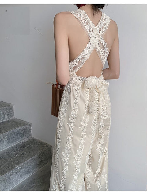 Deep V Neck, Cross Backless, Sleeveless, Wide Leg Pants, Beige Lace Long Jumpsuit CODE: KAR1379