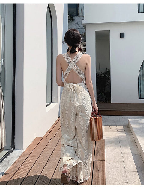 Deep V Neck, Cross Backless, Sleeveless, Wide Leg Pants, Beige Lace Long Jumpsuit CODE: KAR1379