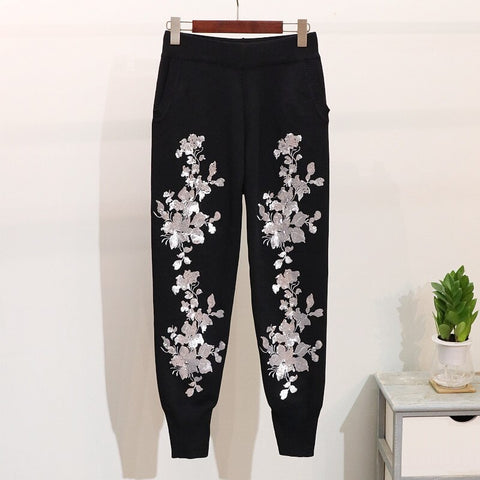 New Autumn Floral Embroidery High Quality Long Sleeve Round Neck Two Piece Set CODE: KAR1380
