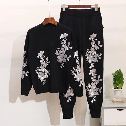 New Autumn Floral Embroidery High Quality Long Sleeve Round Neck Two Piece Set CODE: KAR1380