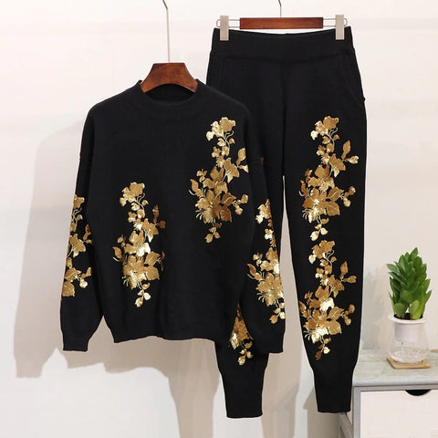 New Autumn Floral Embroidery High Quality Long Sleeve Round Neck Two Piece Set CODE: KAR1380