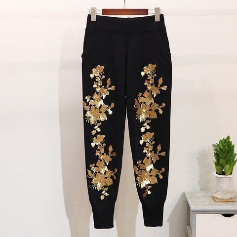 New Autumn Floral Embroidery High Quality Long Sleeve Round Neck Two Piece Set CODE: KAR1380