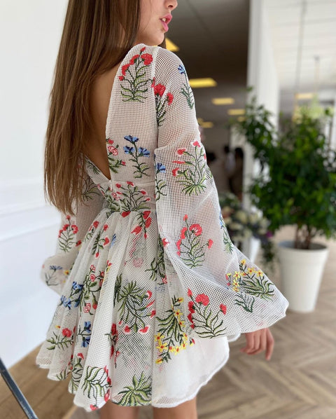 Sexy V-Neck Elegant Floral Embroidered Lantern Sleeve Mini Dress CODE: KAR1384