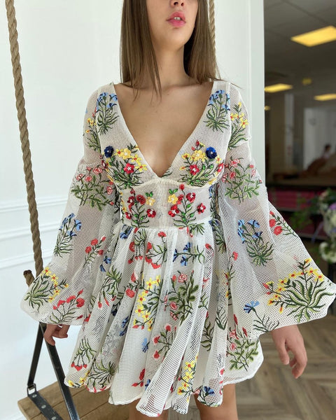 Sexy V-Neck Elegant Floral Embroidered Lantern Sleeve Mini Dress CODE: KAR1384
